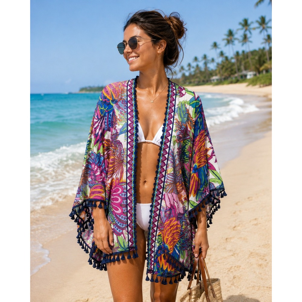 Trina Turk Paradise Kimono Cover Up Multi Floral Tassel TT0AR27 OS NEW